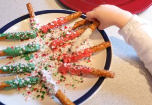 Holiday Chocolate Dipped Pretzel Sticks