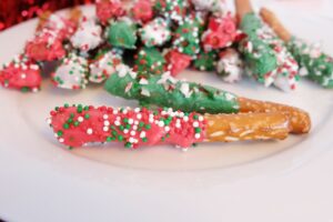 Holiday Chocolate Dipped Pretzel Sticks