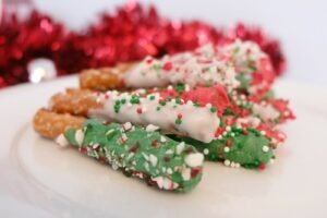 Holiday Chocolate Dipped Pretzel Sticks